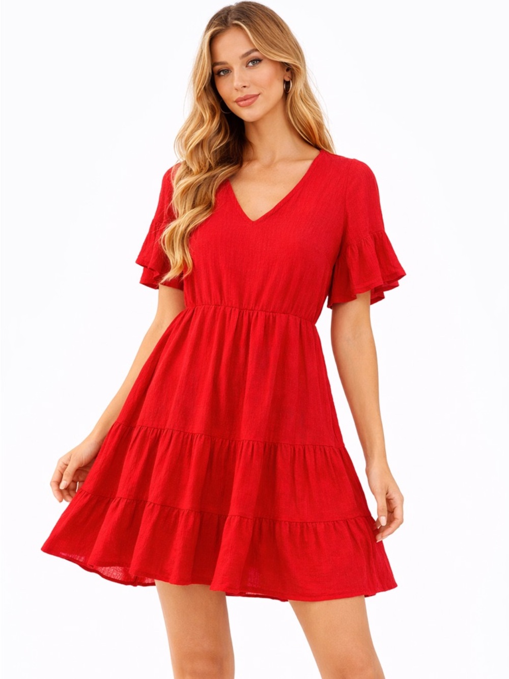 FANCYINN Red Tiered Babydoll Mini Dress Ruffle Sleeve V-Neck Boho Pockets Medium
